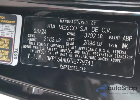2024 Kia Forte Gt Line из США, поврежденный, VIN 3KPF54ADXRE779741